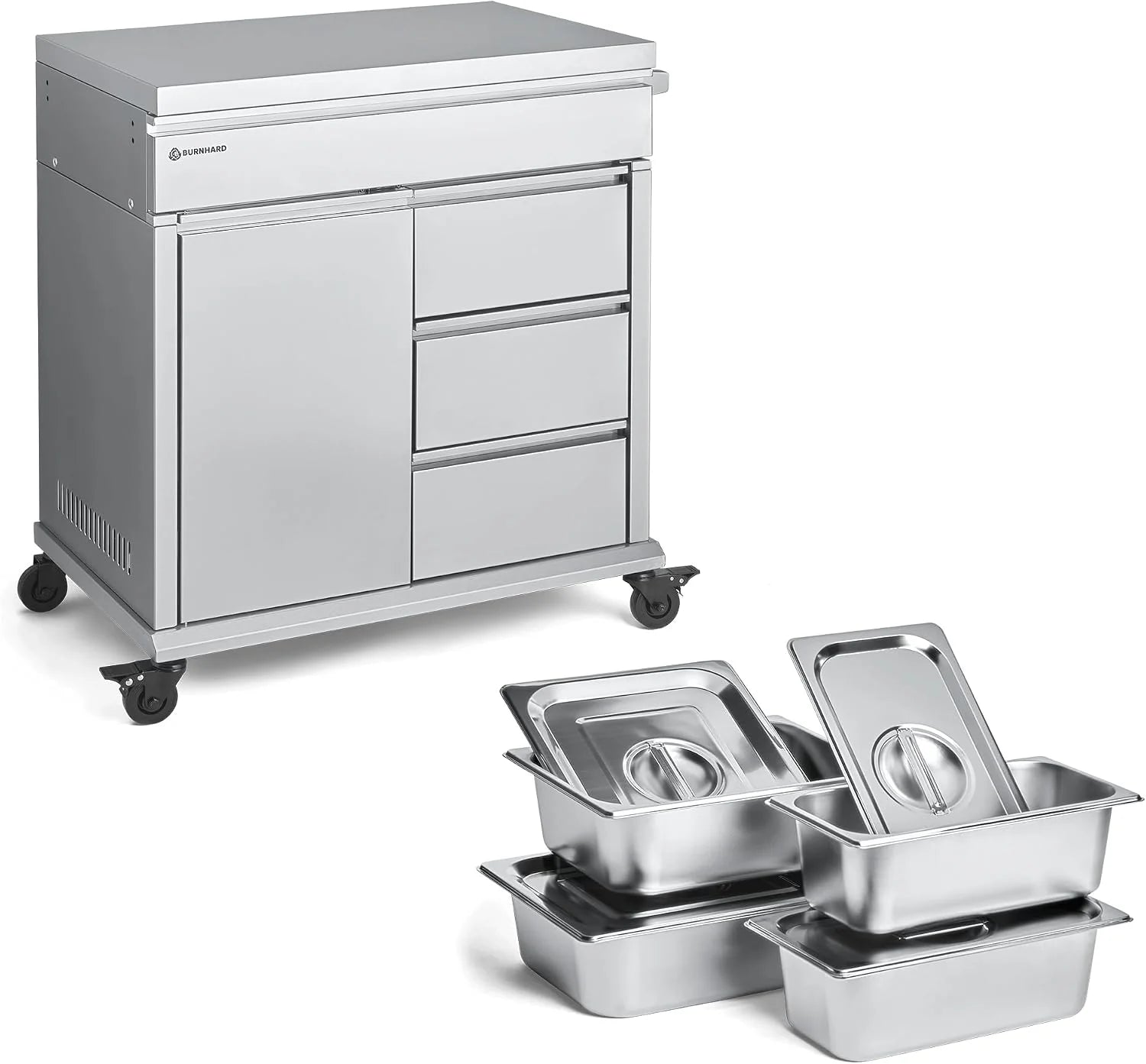Grill bijzetwagen BURNHARD® roestvrijstalen werkblad, soft-close lades, robuust, veelzijdig, compatibel met EARL  FRED, ideaal voor tafelgrills  pizzaovens – 2-delige plankenset(RVS incl. Food Container)