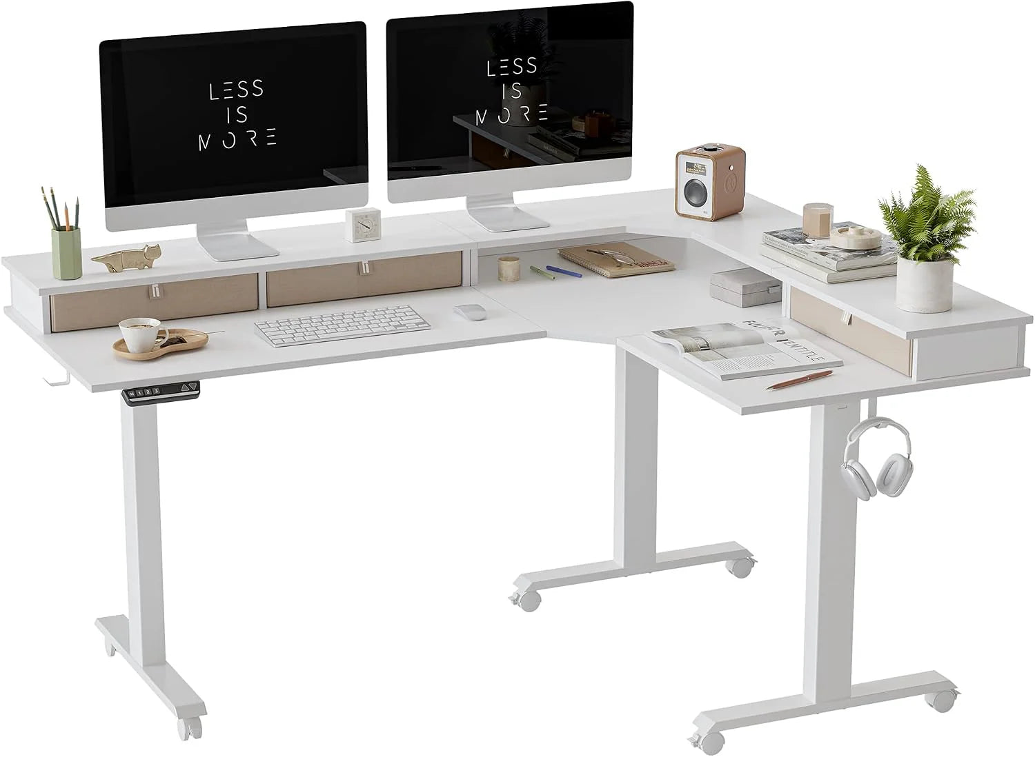 FEZIBO DRIE MOTOREN Bureau Hoogte Verstelbaar Elektrisch met 3 bovenste lade, L-vorm Sta-bureau, Links en rechts uitwisselbaar, 160 x 120 cm hoekbureau, Zwart Frame/Zwart Tafelblad(190 × 160 cm/wit-wit)