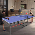 KEIKI Opvouwbare tafeltennistafel, 2,4 m/2,7 m, draagbare pingpongtafel voor binnen, met duurzame MDF-bovenkant, 0,5 cm, snel spel voor volwassenen met net, 2 peddels en 3 ballen(Blauw/8FT)