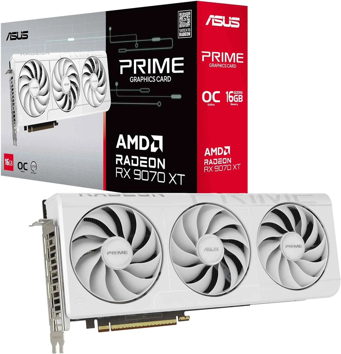ASUS Prime Radeon RX 9070 XT White OC Edition 16GB GDDR6 Gaming Grafische kaart (AMD Radeon RX9070XT RDNA 4, 2,5-slot, PCIe 5.0, 1x HDMI 2.1b, 3X DisplayPort 2.1a, wit, PRIME-RX9070XT-O16G-WHITE)