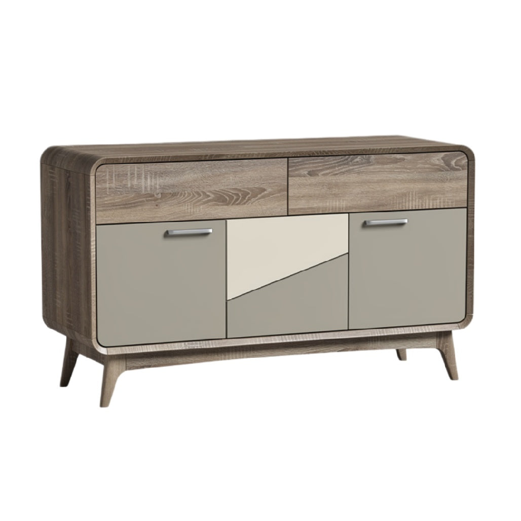 **Moderne Dressoir met Houten Afwerking en Gecombineerde Kleuren**