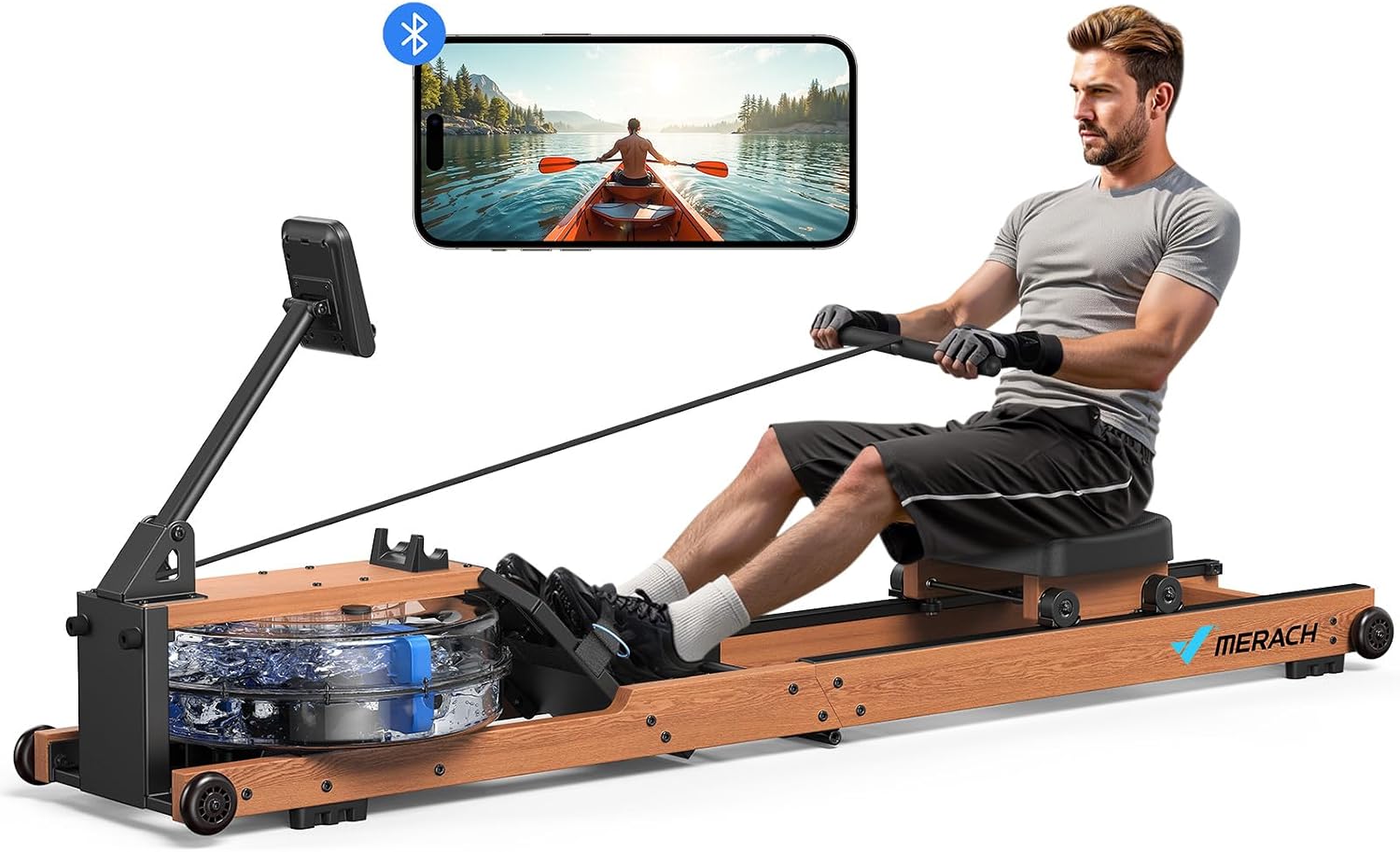 MERACH Waterroeimachine, Opvouwbaar, van Rubberhout en Comfortabel Zitvlak, met Exclusieve APP met Interactief Kaartspel, Meeslepende Roei-ervaring, Ideaal voor Thuisfitness (R28 Vouwbaar)