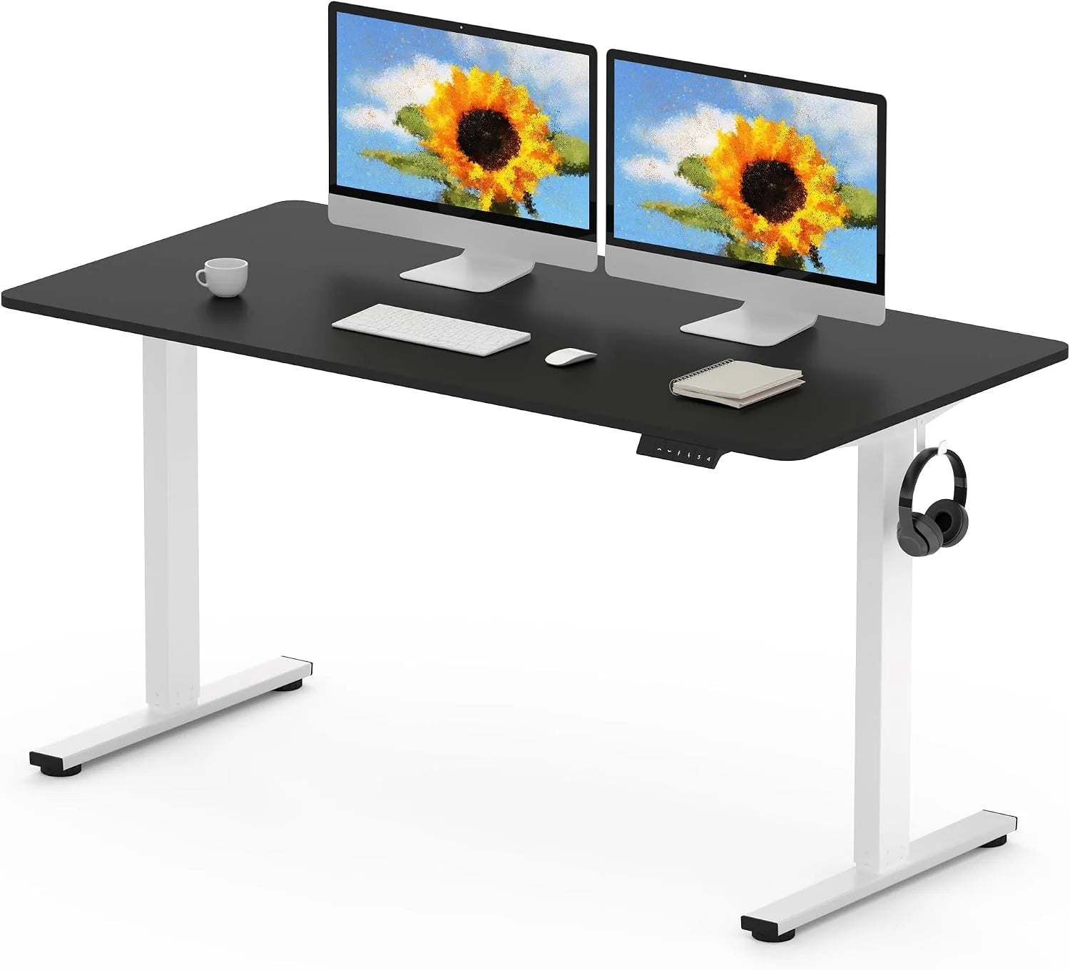 FlexiSpot 140x80cm Elektrisch Sta-Bureau Met Eénstukige Werkblad – Hoogteverstelbaar Bureau Met 4-geheugen Slim Paneel En Rugzakhaak Voor,Zwart+Zwart(140*80cm/Wit Tafelframe+Zwart Bureaublad)