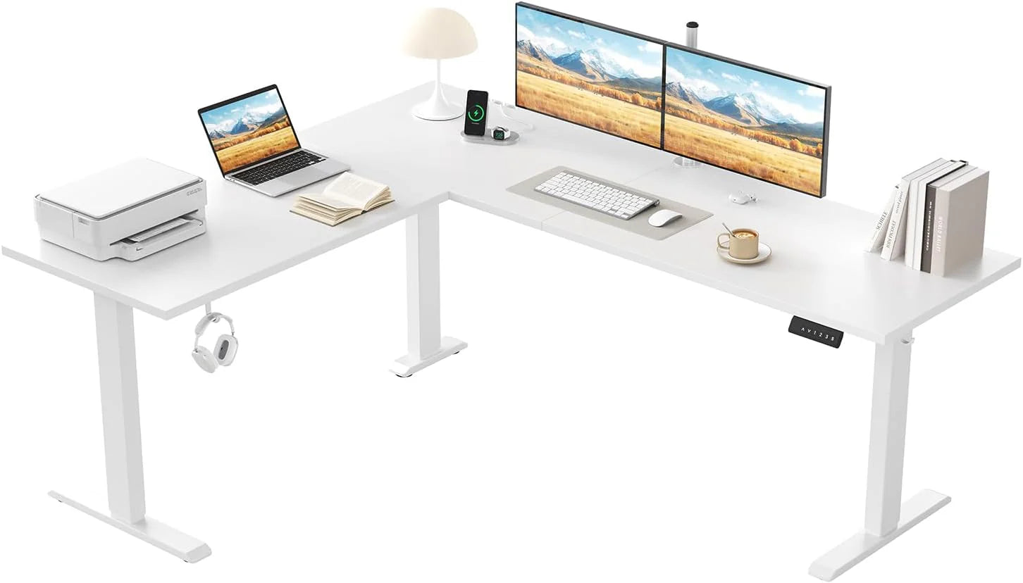 Klicelor In Hoogte Verstelbaar L-vormig Bureau met Lades, 160 x 140 cm Hoekbureau met Monitorstandaard, Zit-Sta Bureau met Stopcontacten en Lichtstrip, Lichtbruin(150x125 cm/Wit)