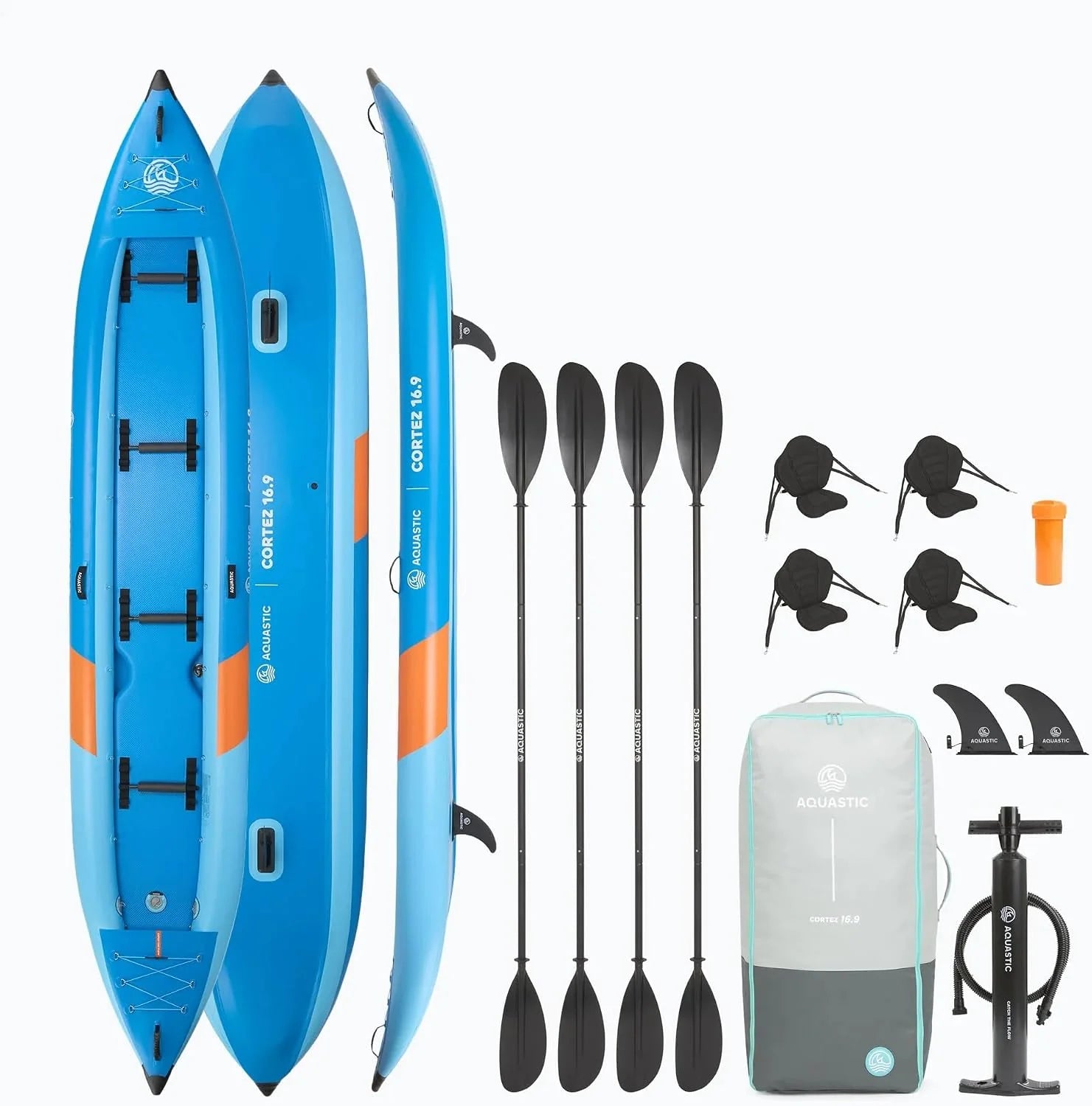 AQUASTIC Cortez 16'9 opblaasbare kajak voor 4 personen, 510 cm, familiekajak met drop-stitch-bodem, 340 kg draagkracht en accessoires