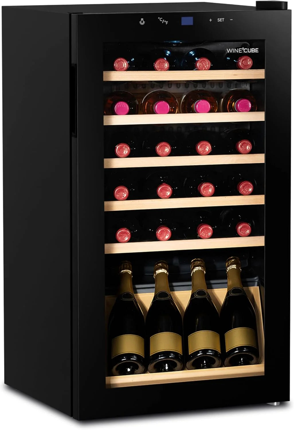 °CUBES Wijnkoelkast met 28 flessen (90 l) met elegante glazen deur en hoogwaardige planken van beukenhout, 5-18 °C, trillingsarm  stil (40dB) | wijnkast met led-display - leuk cadeau
