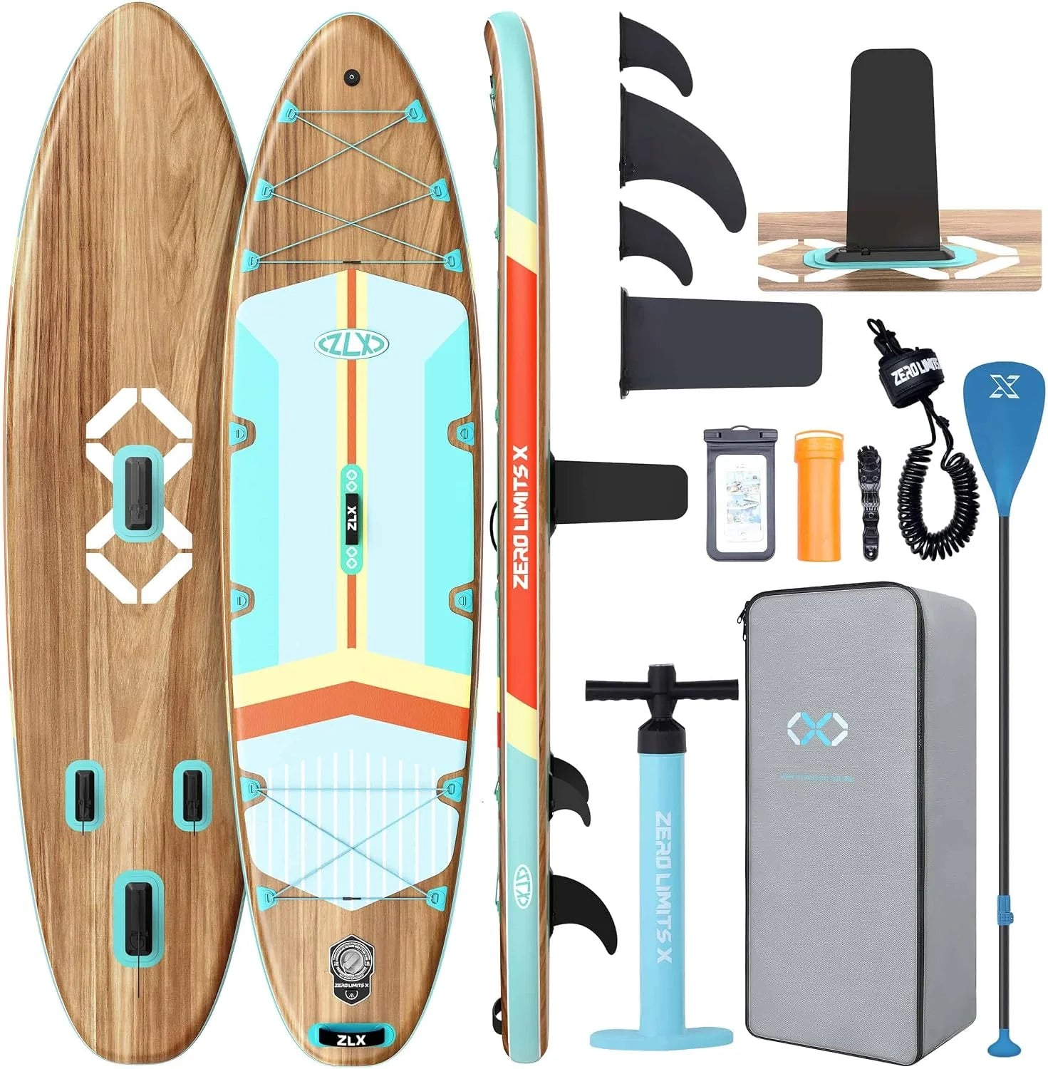 ZLX 11'6"x35" Ultra Breed Opblaasbaar Stand Up Paddle Board | Stabiel antislip dekpad, uniek vinsysteem, premium SUP-accessoires en rugzak - verbeterde pomp voor volwassenen, alle vaardigheidsniveaus(Licht Hout Graan)