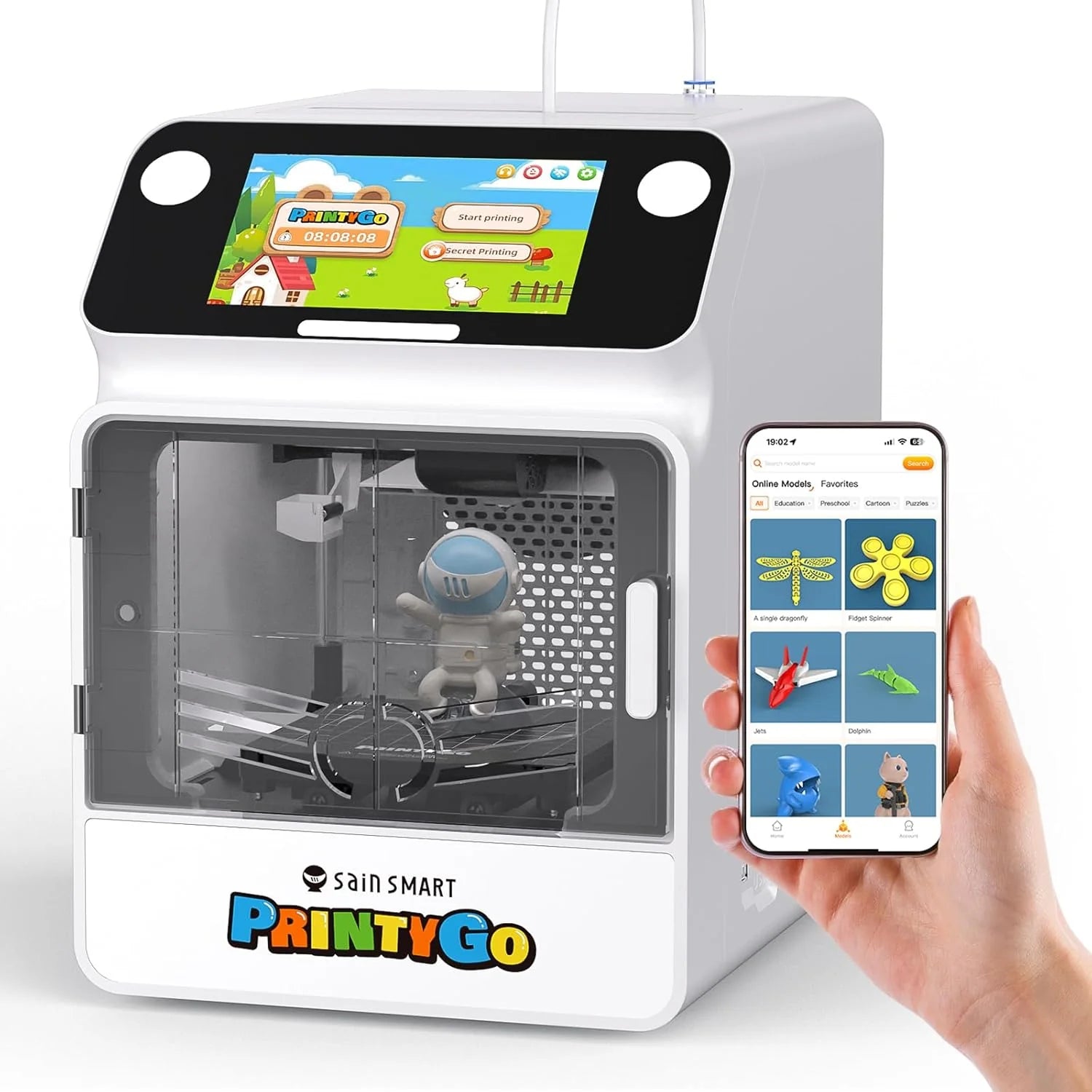 PrintyGo Mini 3D-printer voor kinderen, 600 mm/s automatisch nivellerende printer voor beginners met 5 inch touchscreen, kindveilig ontwerp, wifi-/app-bediening, voorgemonteerd voor STEM-leercadeau