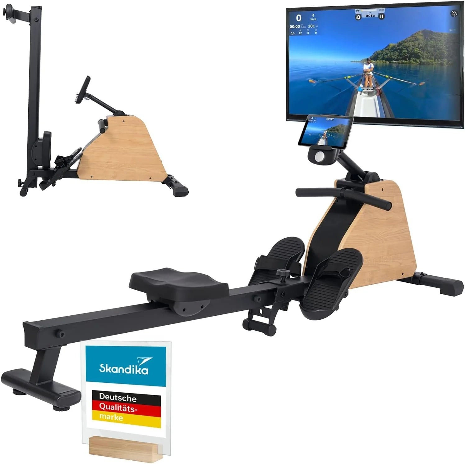 Skandika Opvouwbare roeitrainer voor thuis Treliv P6 | Roeimachine krachttraining, ijzeren frame, met echt hout, magnetische rem, 16 niveaus, 20 programma's, Bluetooth  Kinomap compatibel, tot 120KG