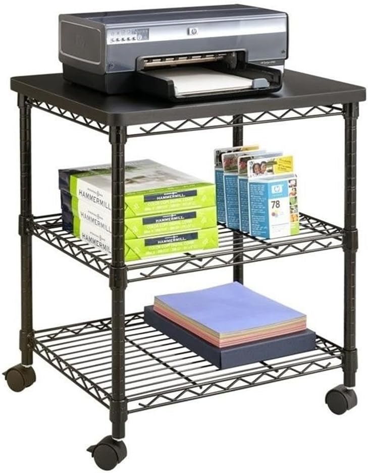 Safco Deskside 3 Tier Rolling Cart Printer Stand, Mobile Utility Table for Home Office with Steel Shelves, Black