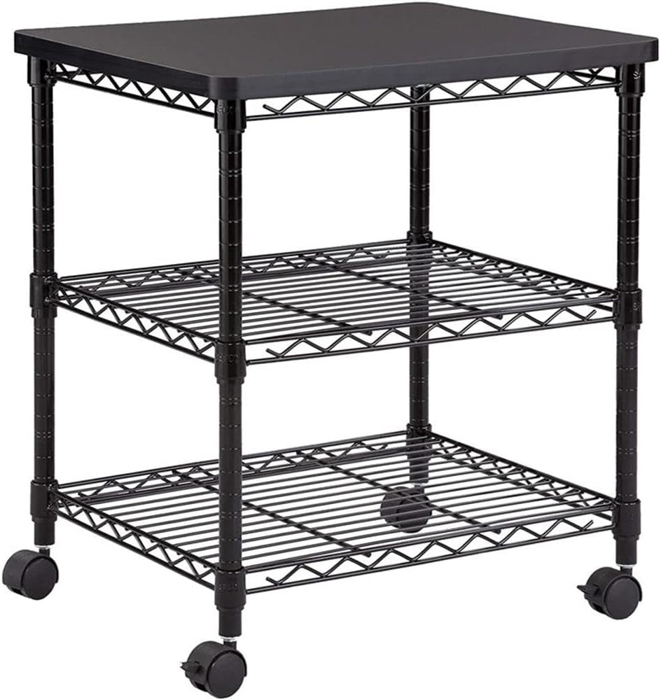 Safco Deskside 3 Tier Rolling Cart Printer Stand, Mobile Utility Table for Home Office with Steel Shelves, Black
