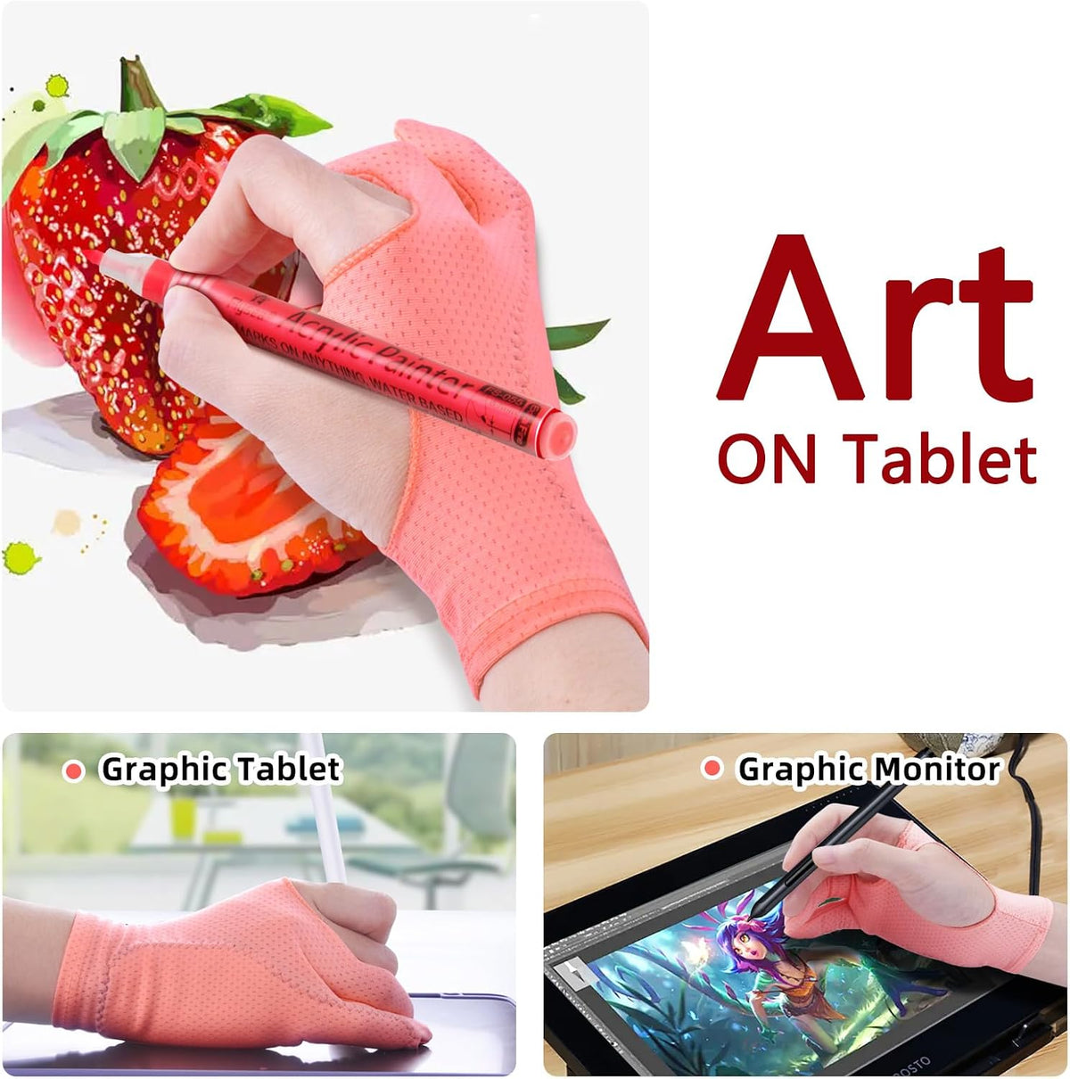 Drawing Glove Right Left Hand [Pink 2Pack] Palm Rejection Glove for iPad Surface Tablet,Graphic Tablet, Graphics Monitor Digital Art Sketching, Inking, Coloring Two Finger Artist Gloves
