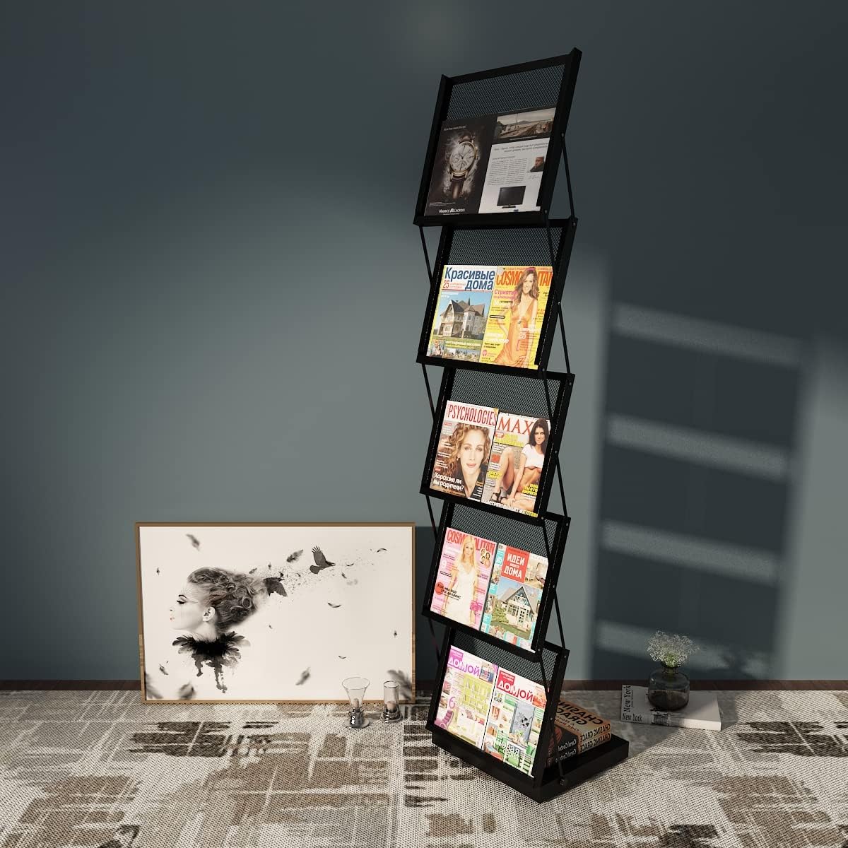 brochure display stand&Foldable Magazine Rack with 5 Pockets for Exhibition and Trade Show (17.7'X14.5'X63')