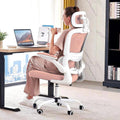 TRALT Bureaustoel, ergonomische bureaustoel, 150 kg, bureaustoelen met wielen voor thuis met netstof, comfortabele gamingstoel, hoge rugleuning, bureaustoel om lang in te zitten (wit)(Roze)