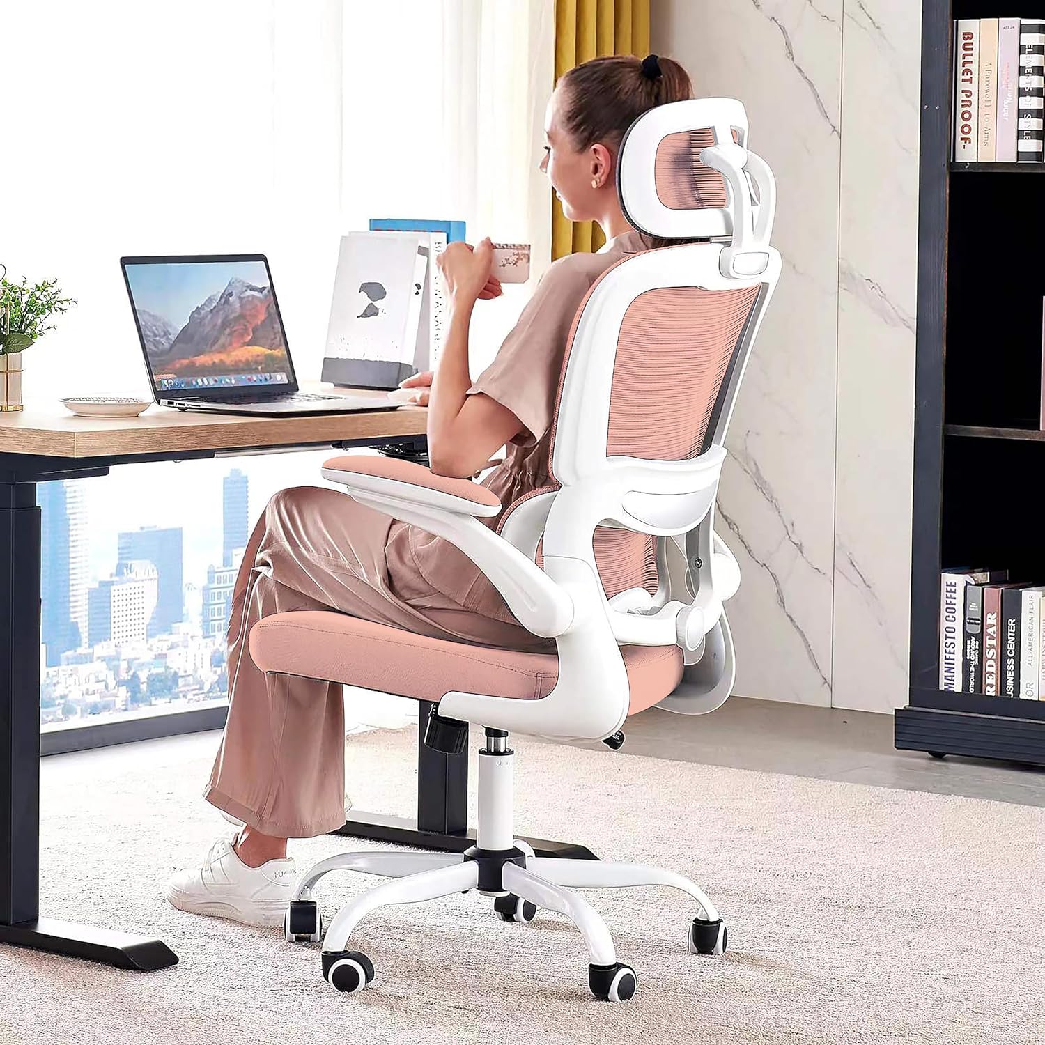 TRALT Bureaustoel, ergonomische bureaustoel, 150 kg, bureaustoelen met wielen voor thuis met netstof, comfortabele gamingstoel, hoge rugleuning, bureaustoel om lang in te zitten (wit)(Roze)