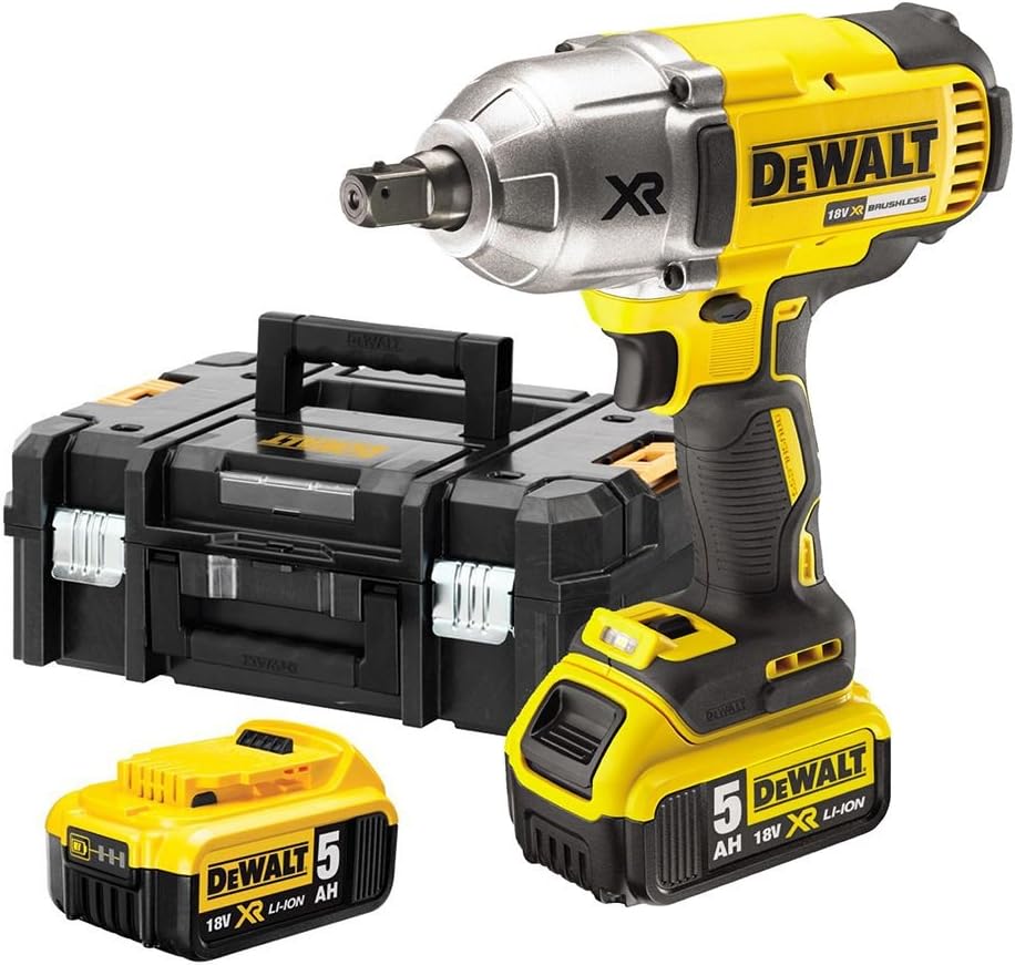 DEWALT DCF899P2 DCF899P2 Accu-slagmoersleutel, 18 V, 5,0 Ah, draaimoment max. 950 Nm, 1/2 inch buitenvierkant naam, geïntegreerde LED-lamp, incl. 2 x accu's, snellader en TSTAK Box-II