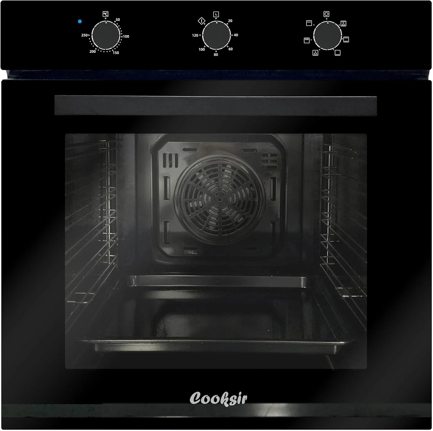 60 cm inbouwoven, 60 liter grote oven met stekker, 2200 W, 6 functies, mechanische draaiknop, 120 minuten timer, achterventilator, 230 V, 50 Hz