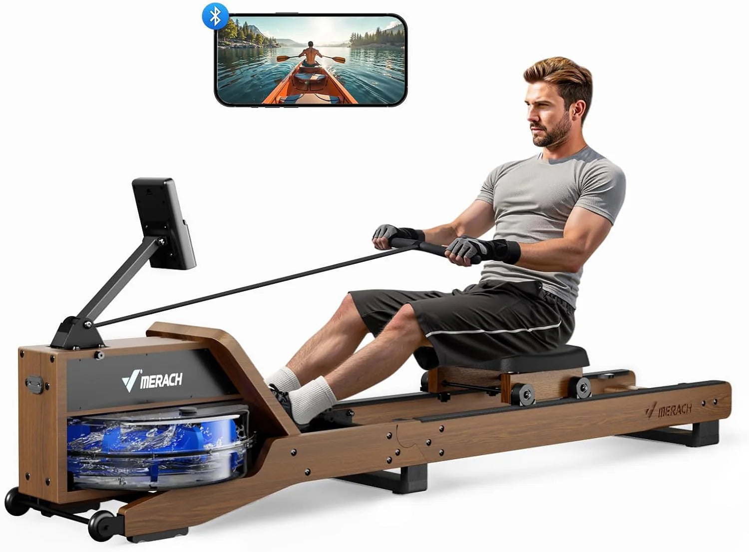 MERACH Waterroeimachine, Opvouwbaar, van Rubberhout en Comfortabel Zitvlak, met Exclusieve APP met Interactief Kaartspel, Meeslepende Roei-ervaring, Ideaal voor Thuisfitness (R23 Rubberhout)