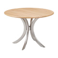 **Technische titel: Moderne ronde eettafel van hout met roestvrijstalen poot**