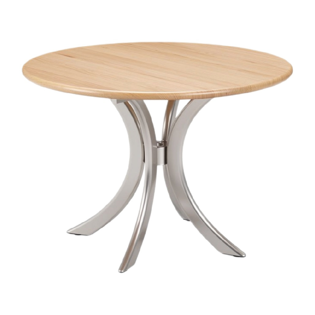 **Technische titel: Moderne ronde eettafel van hout met roestvrijstalen poot**