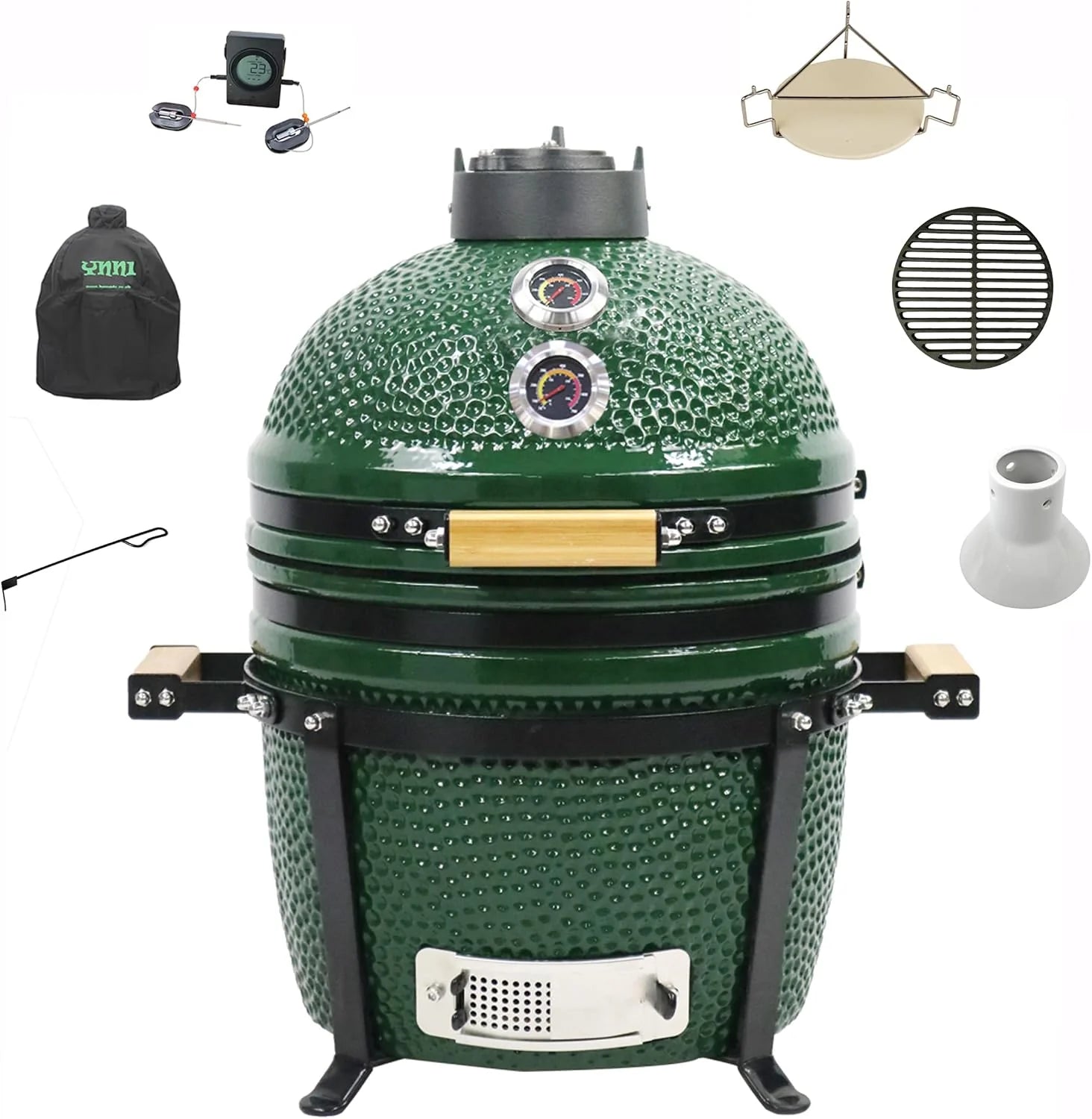 YNNI KAMADO TQTT15GR 15.7" Vrijstaande Kamado, Grill, GROEN, BBQ, Keramisch, Ei, Roker, Bundel met ExtrasTQTT15GR