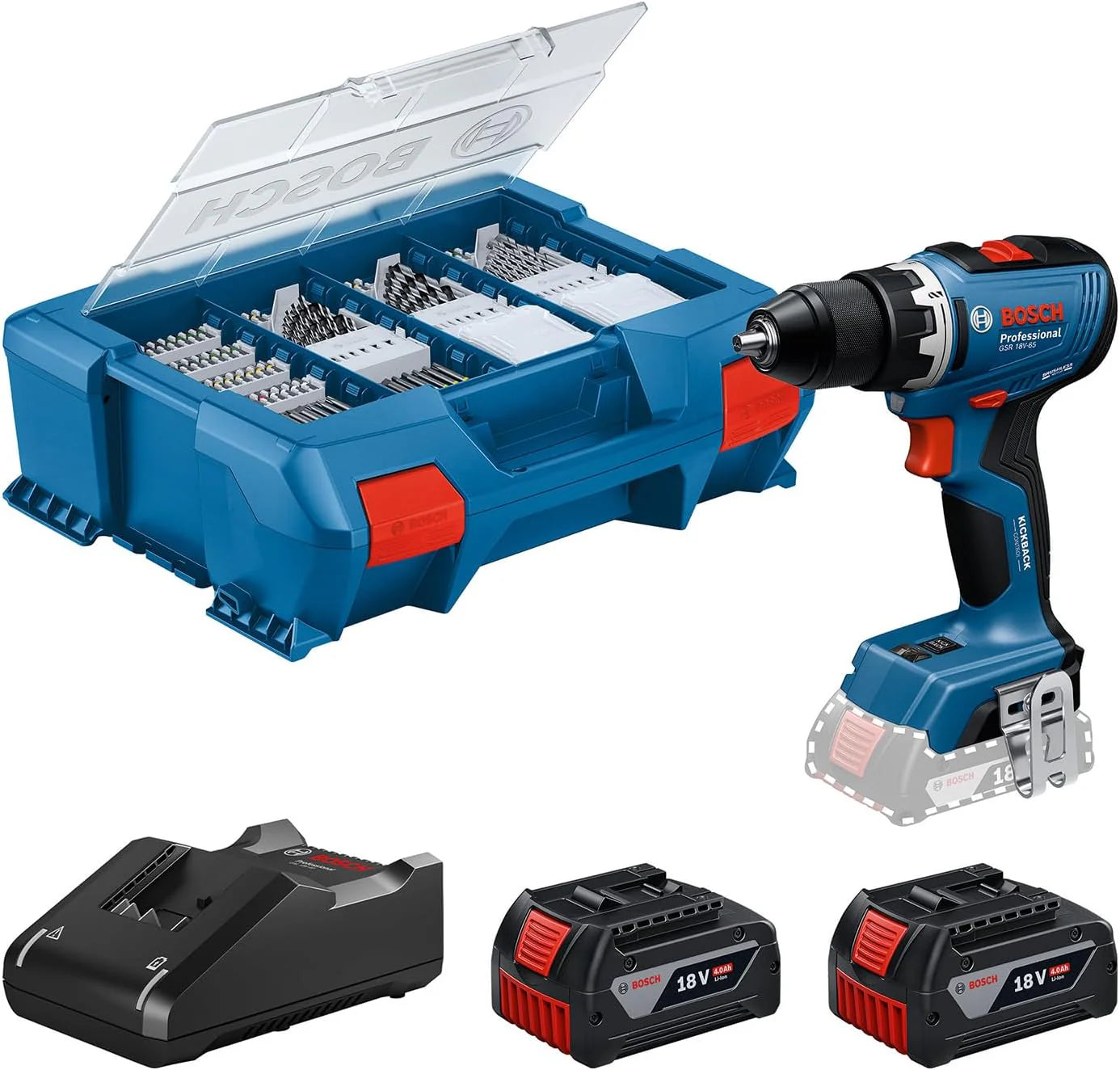 Bosch Professional 18V System accuschroefboormachine GSR 18V-65 (borstelloze motor, koplengte 166, incl. 2 x GBA 4.0Ah-accu's, 82AC, L-Case)