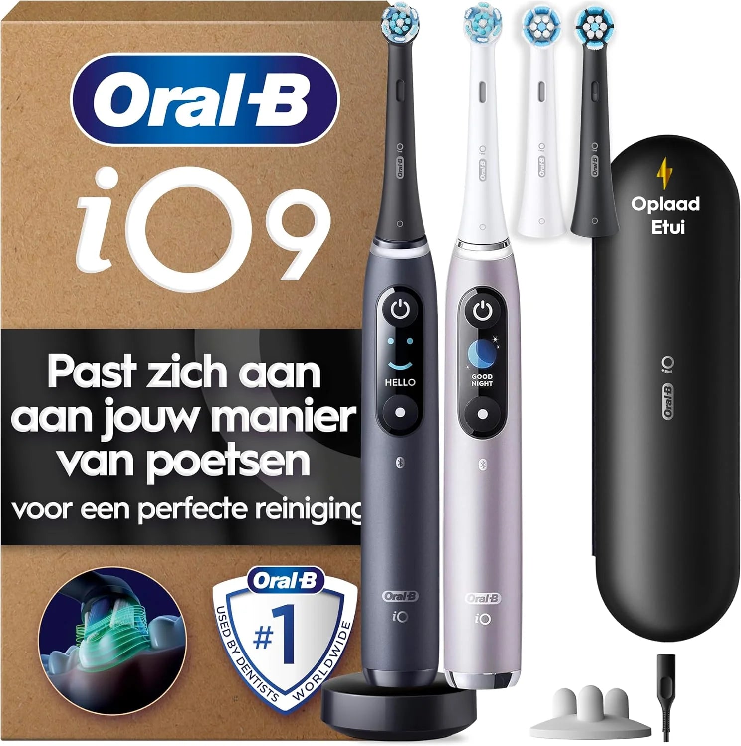 Oral-B iO9 Duo pack Zwarte/Roze Elektrische 2 Tandenborstels, 4 Opzetborstels, 1 Oplaadreisetui,1 Opzetborstel houder