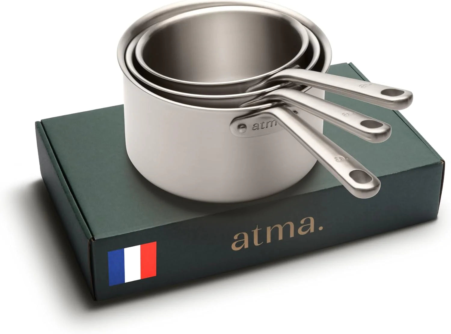 Atma – Pannenset, Kookpannenset 3-laags met deksel (16, 18, 20 cm) – homogeen koken – PFAS, PFOA, PTFE – schaalverdeling, schenkranden – alle warmtebronnen inclusief inductie – gemaakt in