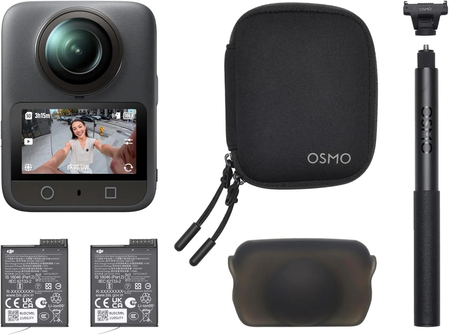 Osmo 360 Essentiële combo, 360-camera met 1-inch 360° beeldvorming, native 8K 360° video, 4K/120fps en 170° boost video, onzichtbare selfiestick kit 1,2 m, verlengde batterijduur met 2 batterijen