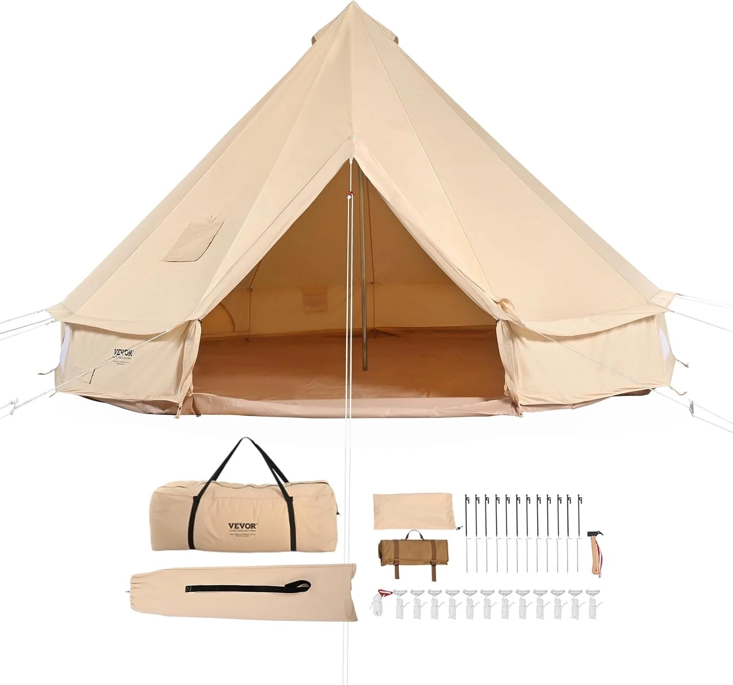 VEVOR Canvas Bell Tent 3-7 m Yurt Tent 4 Seizoenen Familie Camping Tent met Houtkachelgat, Opbergzakken voor Glamping tot 4-12 Personen(Rustiek, Camping/5 M)