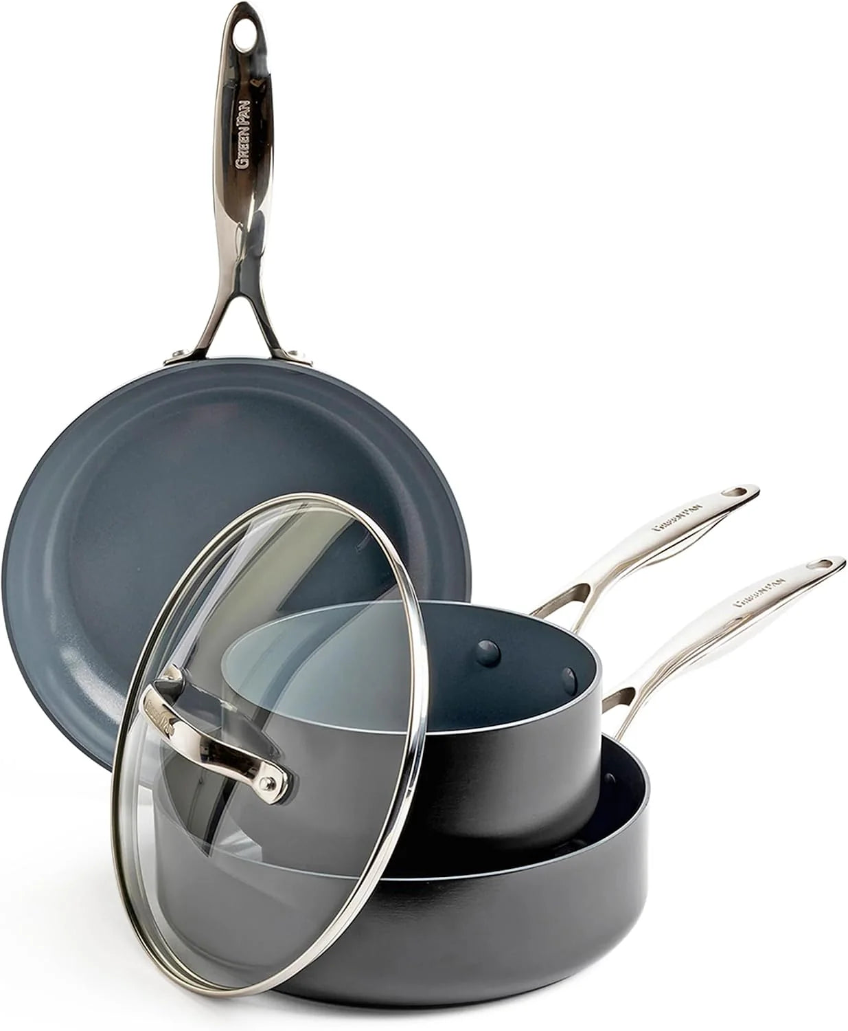 GreenPan Valencia Pro Hard Geanodiseerd Gezonde Keramische Antiaanbak Keukenapparatuur Pannenset, 16-delig PFAS-vrij, Inductie, Vaatwasserbestendig, Ovenbestendig, Grijs(Keukenapparatuur Pannenset/4-Delige Keukenapparatuur Pannenset)