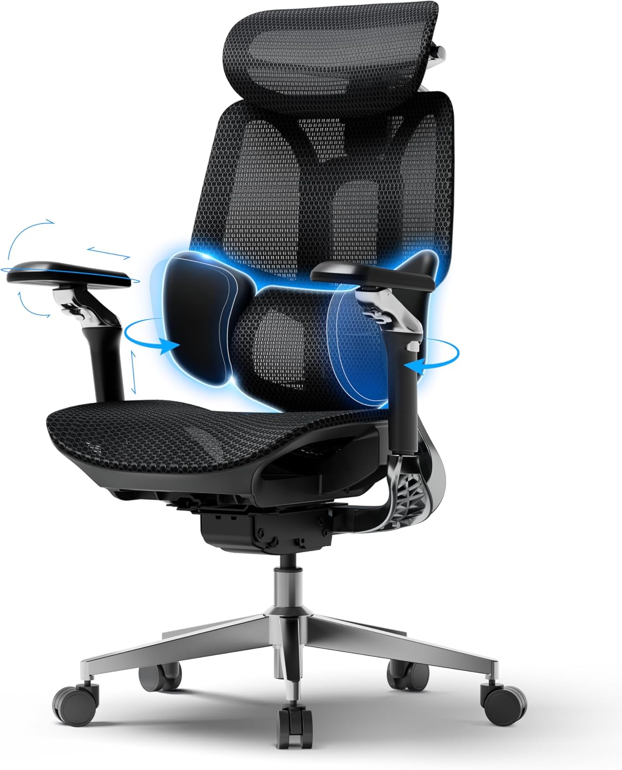 Hbada E3 Pro 2026 Editie Ergonomische Bureaustoel, Ergonomische Mesh Stoel met 3-Zone Zwevende lendensteun, 4D-Hoofdsteun, 720° Armleuningen(pikzwart)