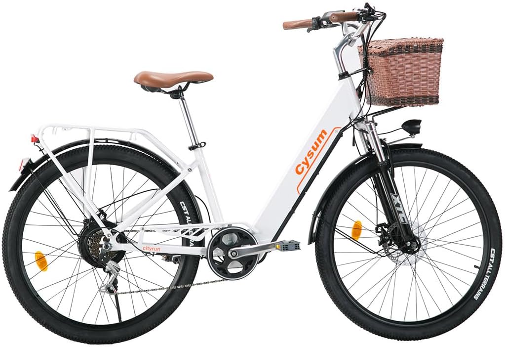 cysum cityrun Elektrische fiets voor dames, 26 inch trapondersteuning, e-bike, elektrische stadsfiets voor volwassenen, motor 250 W, 25 km/u, lithiumbatterij 36 V, 360 WH, autonomie 80 km(Wit 001)