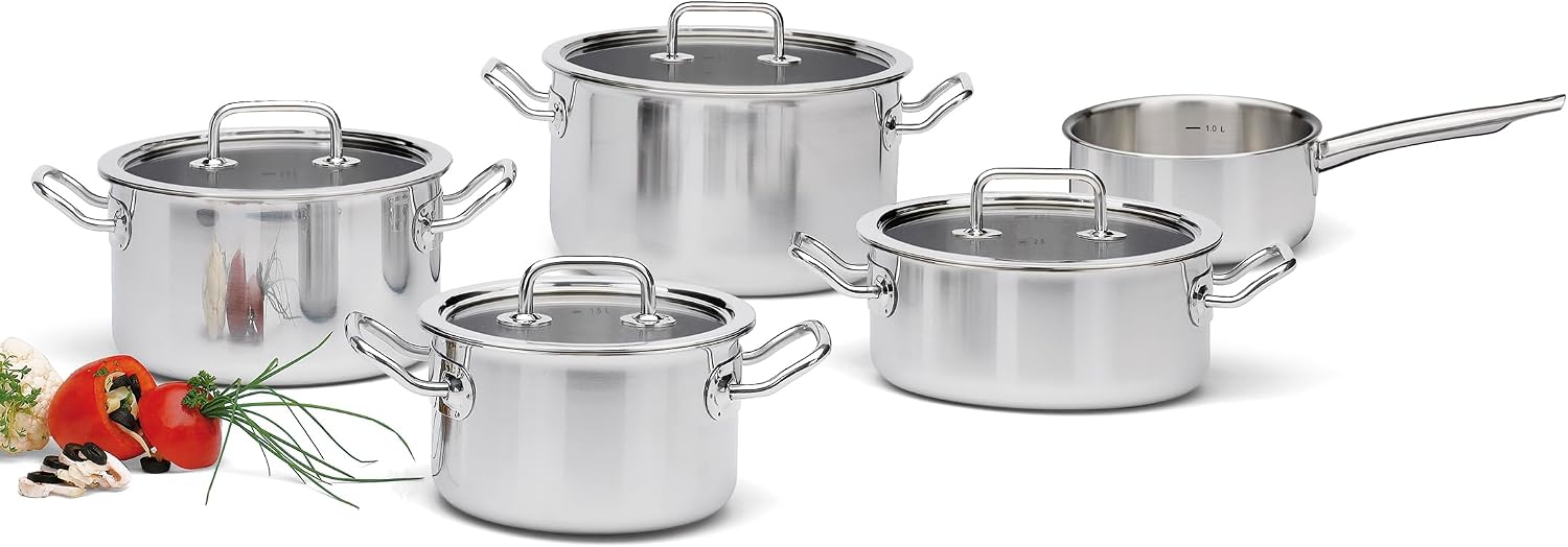 Spring Pannenset 5-delig Brigade Basic 5-laags meerlaags materiaal, precies passende handgrepen, schaalverdeling aan de binnenzijde, geschikt voor inductie, met glazen deksels