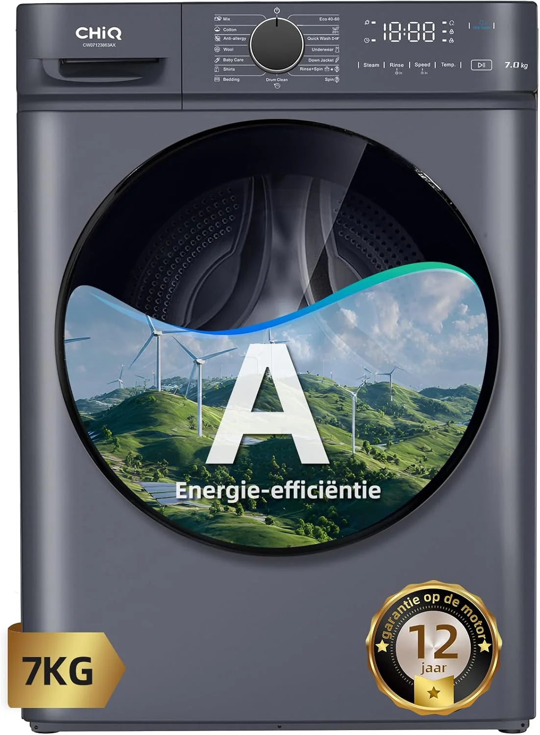 CHiQ CW07123863AX - Wasmachine - 7 KG - Space Pro - 16 programma's - AI Smart - Stoomwassen  Quick Wash - 12 jaar garantie op motor - A