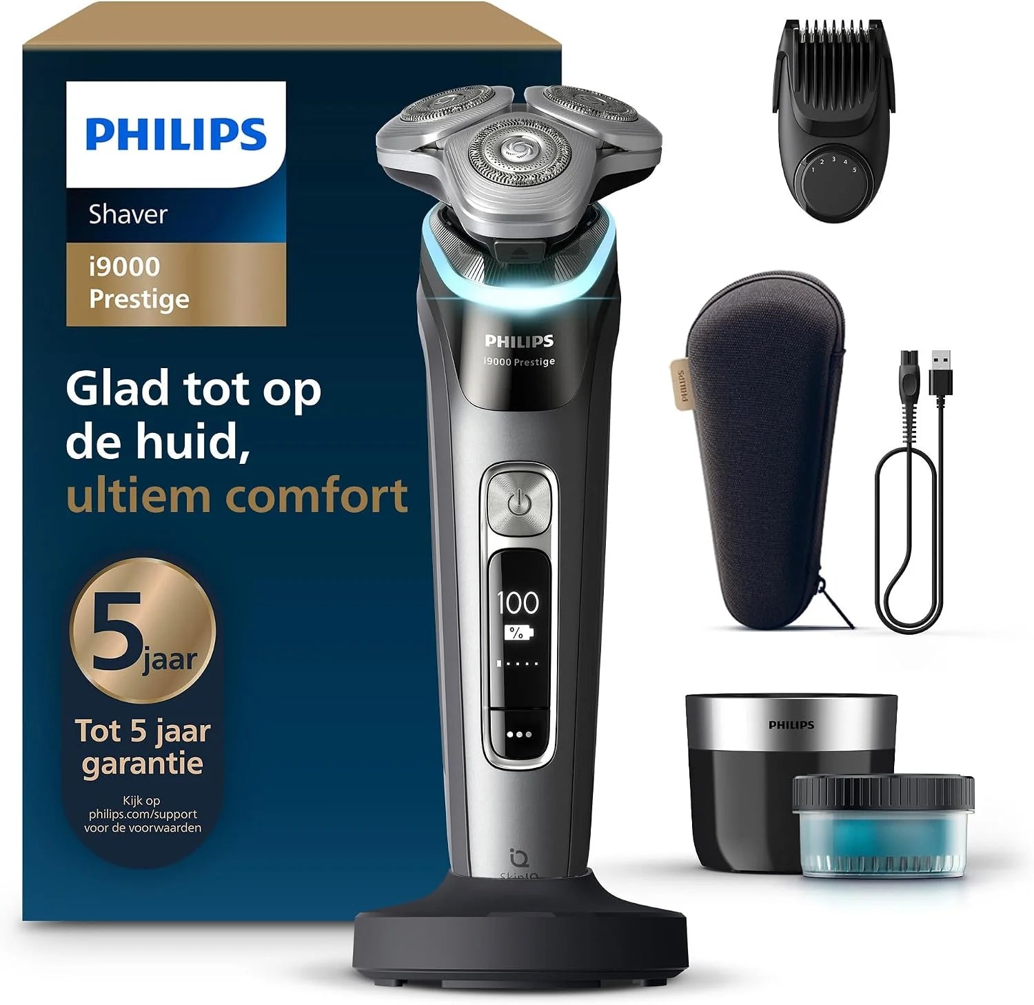 Philips Shaver i9000 Prestige, elektrisch scheerapparaat, nat en droog gebruik, Skin IQ-technologie, Triple Lift  Cut-systeem, roterende DualSteel Precision-mesjes, baardstyler, model XP9202/33([NEW] i9000 Prestige - Dark Slate)