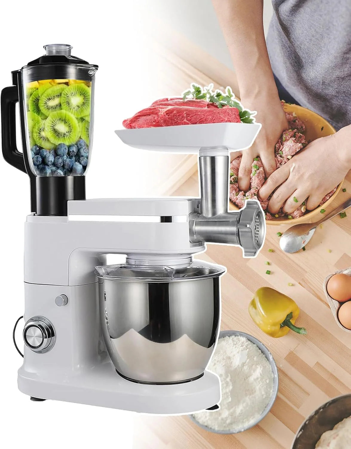 Elektrische keukenmixer met sapcentrifugefunctie, roestvrijstalen mengkom van 6 liter, behuizing met ABS-metalen rand, geschikt voor verjaardagsfeestjes, teambuildingactiviteiten (White)(Wit)