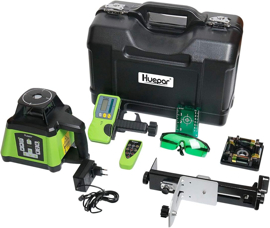 Huepar RL200HVG roterende laser Kit groen, zelfnivellerend roterende laser niveau 360 ° horizontaal/verticale lijn en 2 laserpunten, dubbele helling instelbaar, incl. afstandsbediening en detector
