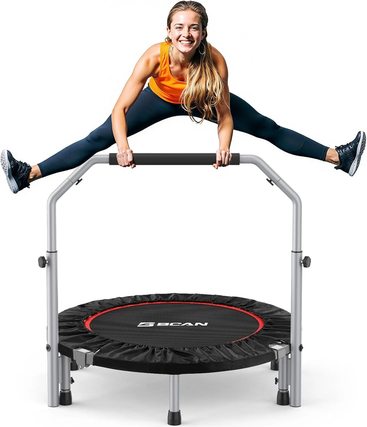 BCAN Indoor trampoline, 102 cm fitness minitrampoline, opvouwbaar, voor volwassenen met verstelbare handgreep, maximale belasting 150 kg, ideaal voor hometraining en fitnesstraining(102cm-Negro)
