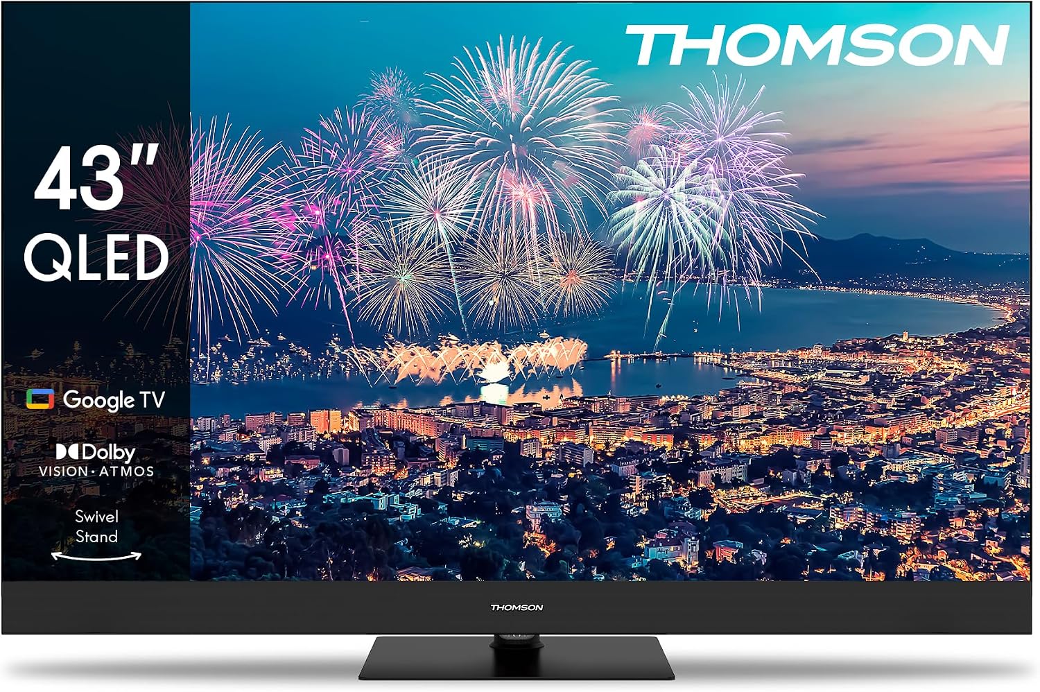 THOMSON 65 Inch (164cm) QLED Pro 144Hz Google Smart TV, Wi-Fi, Dolby Audio, HDR10, Bluetooth 5.1, Triple-Tuner (Kabel/Satelliet/Antenne), HDMI, CI+, A+ Paneel - 65QG7C14(QLED Plus/43 Inch Centrale voeten/Zwart)