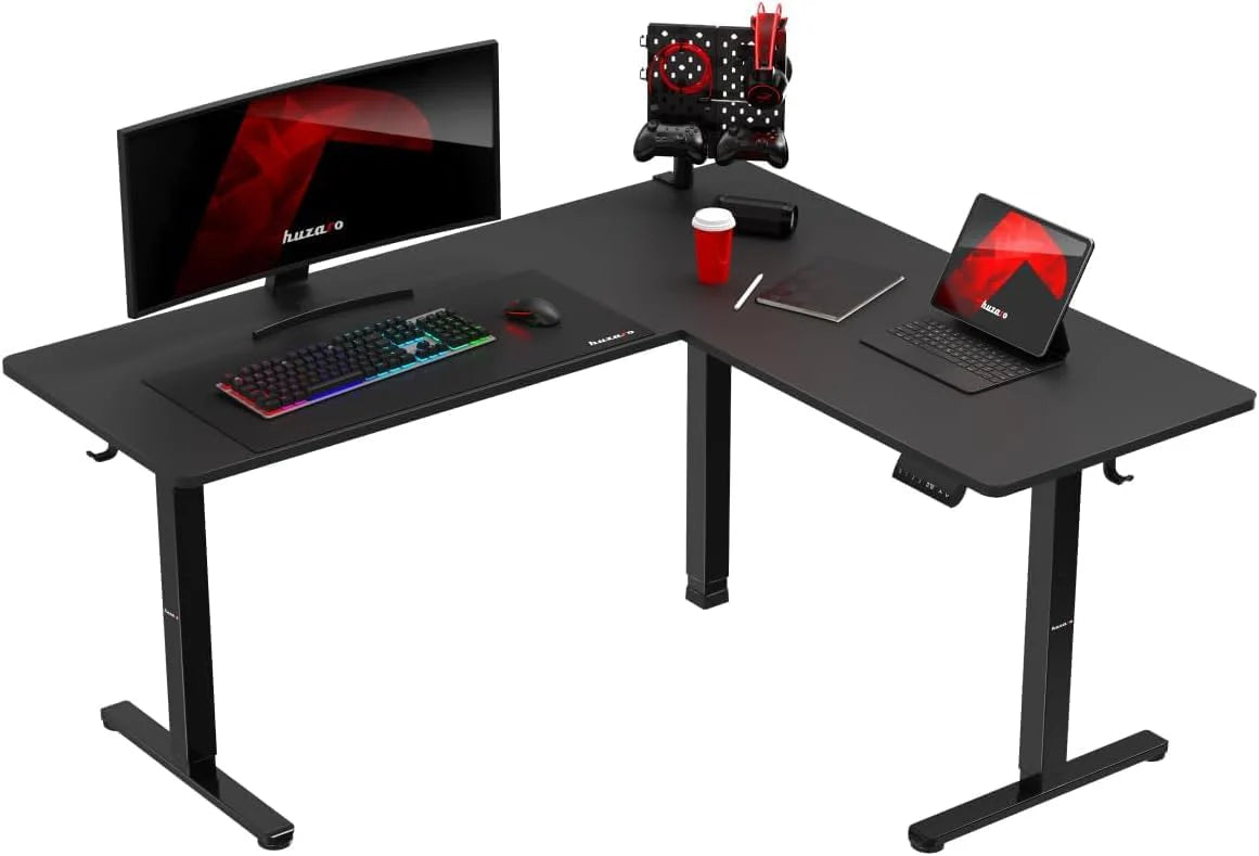 huzaro Hero 9.5 Motorbureau, in hoogte verstelbaar, hoekbureau, elektrisch sta-bureau, 160 x 140 cm, L-vorm, links en rechts verwisselbaar, 3 geheugenbesturing, memobord, zwart
