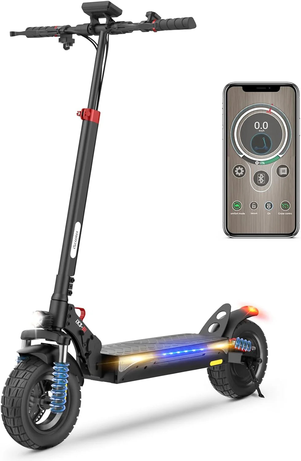 iScooter 800 W elektrische step voor volwassenen, maximale looptijd van 40 km, opvouwbare elektrische step, 10 inch, bediening via app, maximale belasting 120 kg, verstelbaar stuur, quad-ophanging
