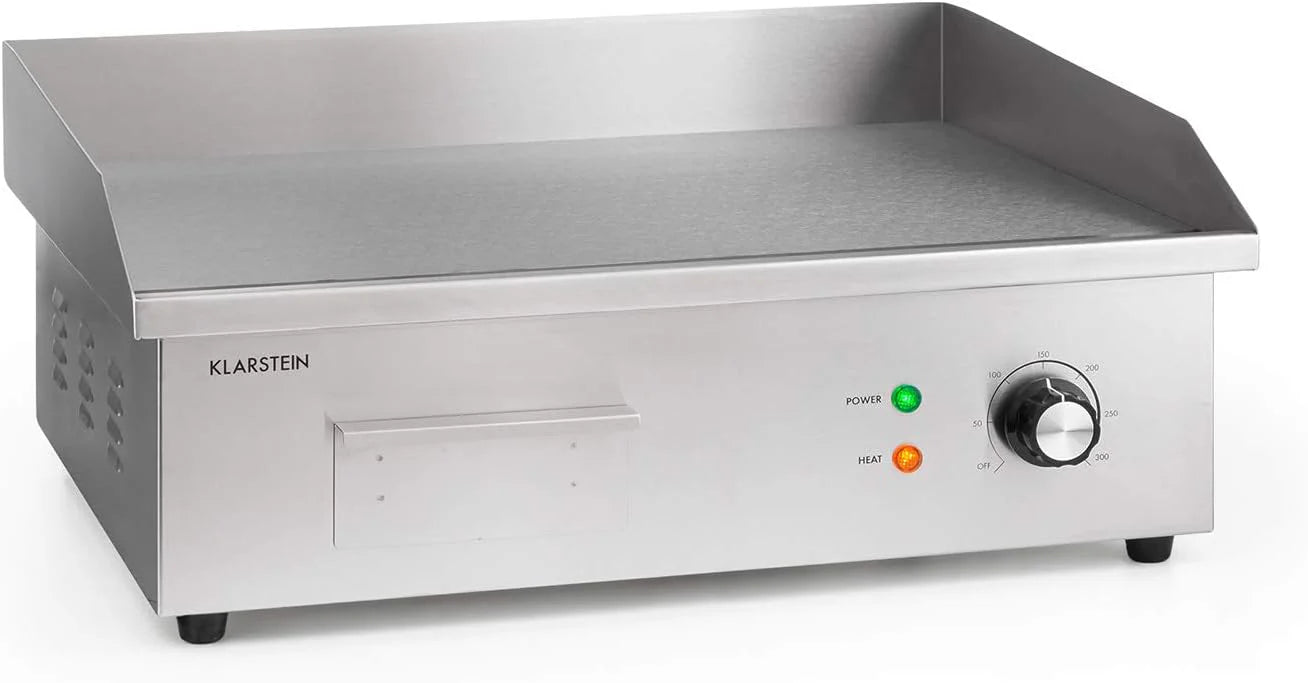 Klarstein Elektrische grill, grillplaat, elektrische grillplaat, tafelgrill, elektrische grill van roestvrij staal, spatbescherming en opvangbak, glad XL grilloppervlak: 54,5 x 35 cm, traploos 50-300