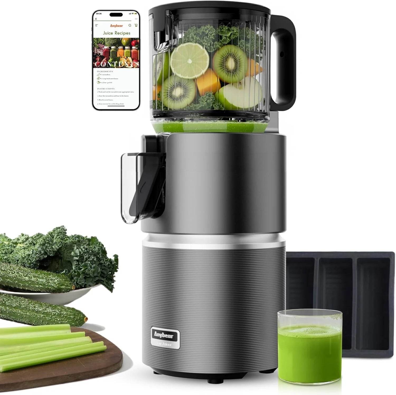 Anybear 350 W sapcentrifuge met 124 mm vulschacht Slow Juicer met dubbele haktechnologie voor hele vruchten en groenten, hoge sapopbrengst, BPA-vrij Tritan-materiaal (grijs)