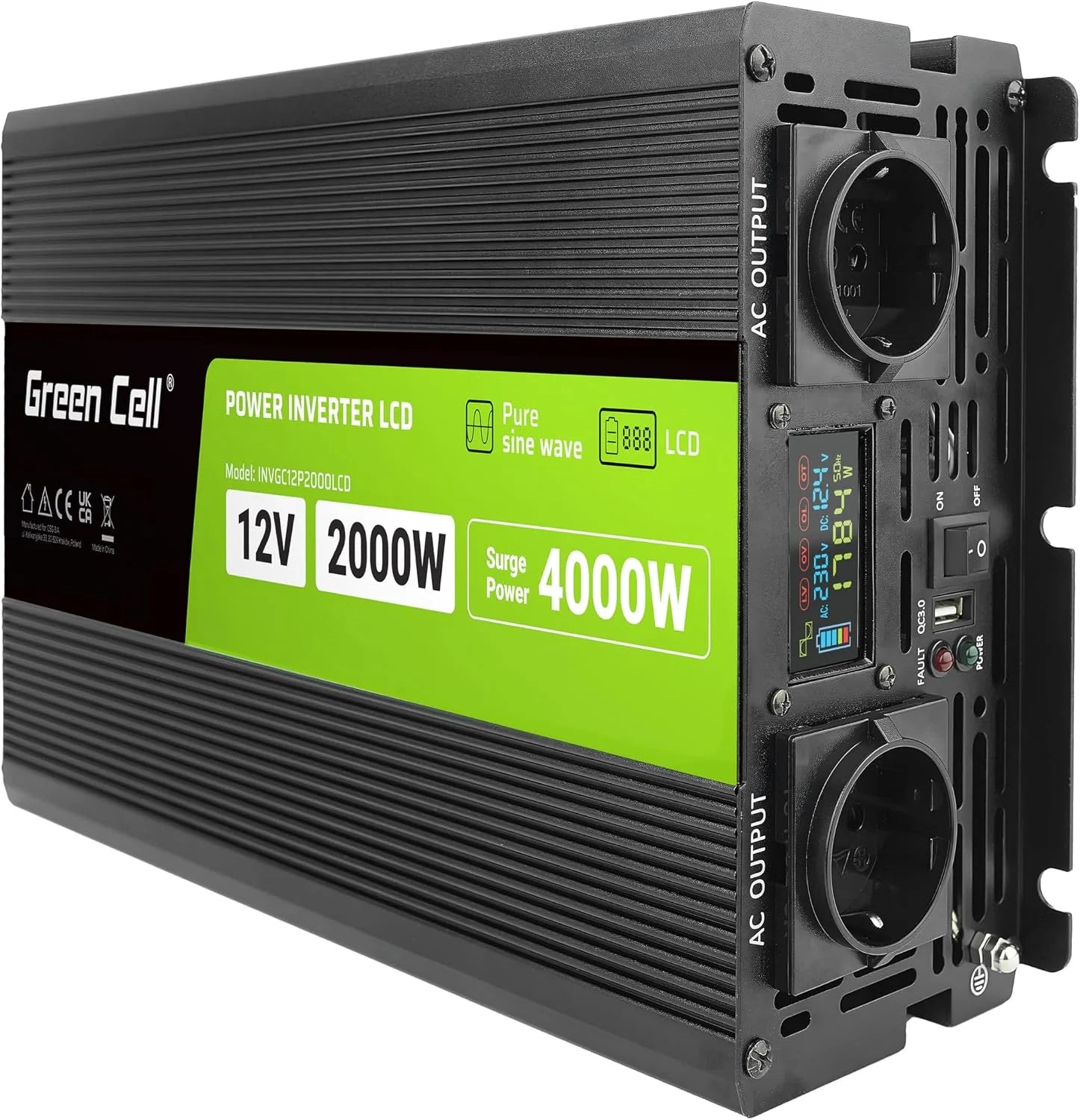 Green Cell Omvormer Auto 48V naar 230V 5000W/10000W Gemodificeerde Sinusgolf – Ideaal voor Laptops, Kamperen, Elektronische Apparaten in Voertuig(12V/2000 W.)