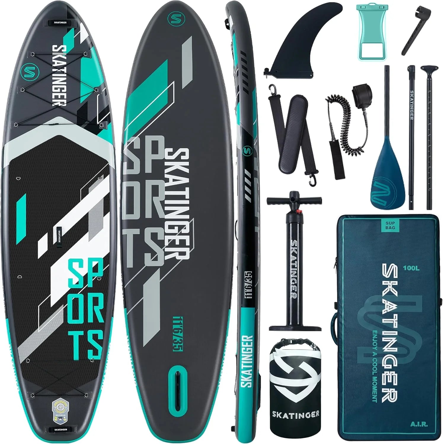 Skatinger Opblaasbare Stand Up Paddle Boards, 34'x34"x6" SUP Paddleboard opblaasbaar, Yoga Stand Up Paddle Board w/1600D rugzak, 6 extra D-ringen, schouderriem, Amerikaanse centrale vin, 2-actie pomp(Sport Grijs)